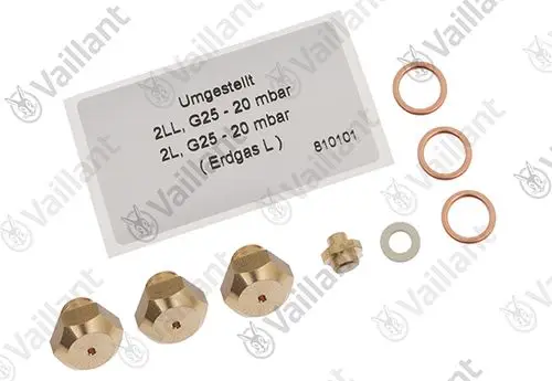 Vaillant Umstellsatz mit drei Messingdüsen, Dichtungen und einer Hinweiskarte. Geeignet für den Umbau von Gasgeräten.